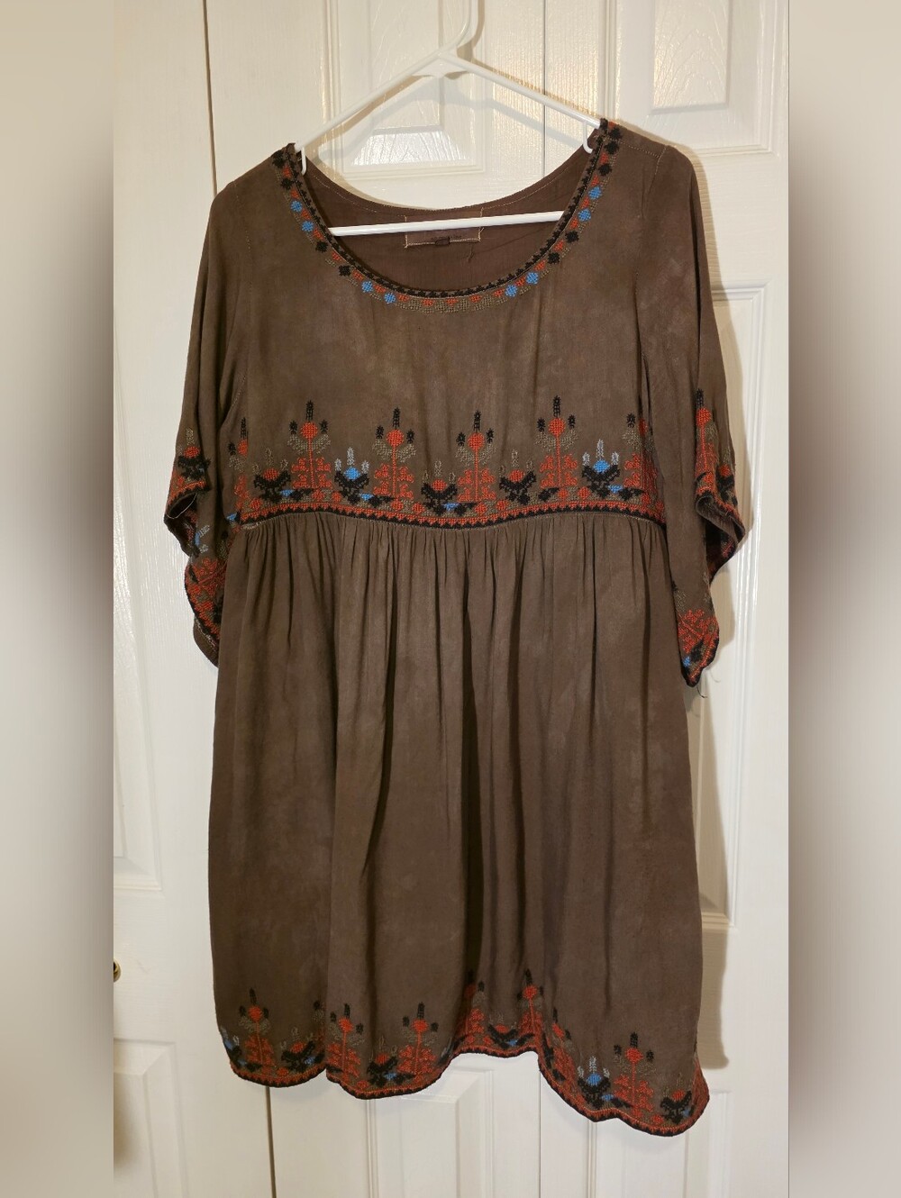 Boho Embroidered Brown Cotton Tiedye Babydoll Dress Small